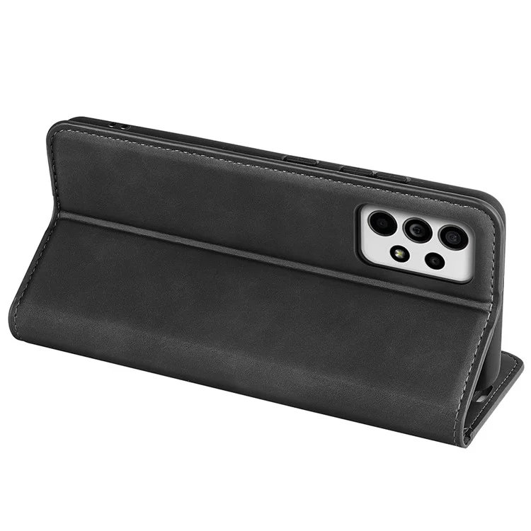 Auto Closing Magnetic PU Leather Case Stand Wallet Solid Color Skin-Touch Flip Phone Cover for Samsung Galaxy A33 5G - Black