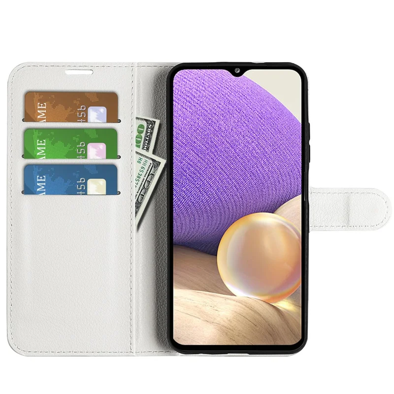 For Samsung Galaxy A53 5G Litchi Texture PU Leather Folio Case Magnetic Clasp Anti-scratch Phone Cover with Stand Wallet - White