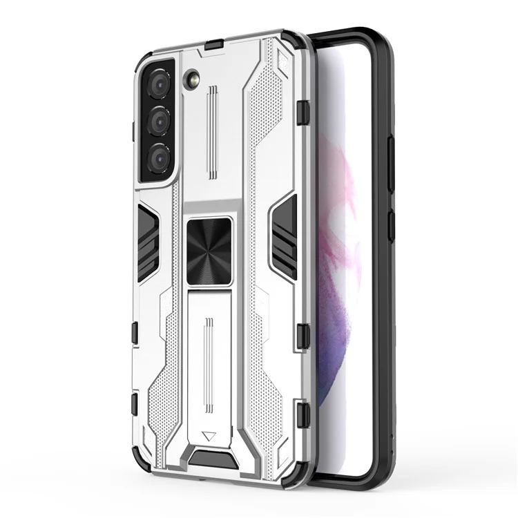 Funda Protectora Híbrida de PC Resistente a los Golpes y TPU Suave con Soporte para Samsung Galaxy S22 5G - Plateado