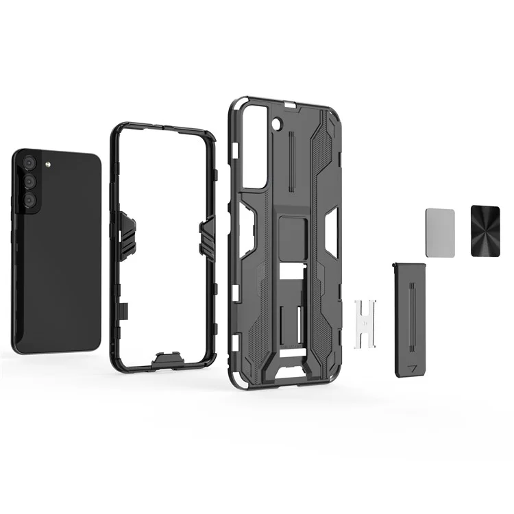 Funda Protectora Híbrida de PC Resistente a los Golpes y TPU Suave con Soporte para Samsung Galaxy S22 5G - Plateado