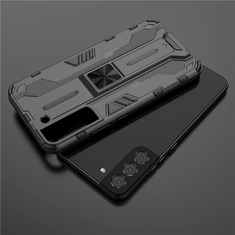 Funda Protectora Híbrida de PC Resistente a los Golpes y TPU Suave con Soporte para Samsung Galaxy S22 5G - Plateado
