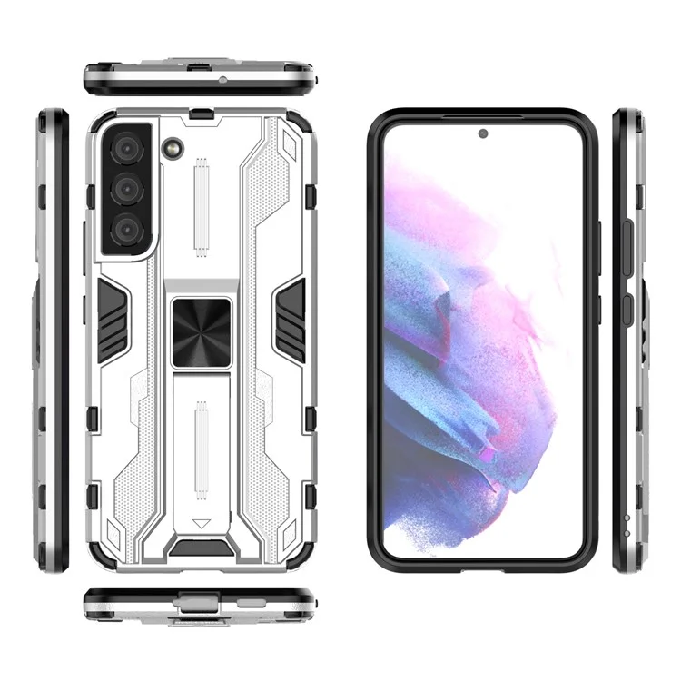 Funda Protectora Híbrida de PC Resistente a los Golpes y TPU Suave con Soporte para Samsung Galaxy S22 5G - Plateado
