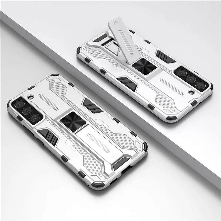 Funda Protectora Híbrida de PC Resistente a los Golpes y TPU Suave con Soporte para Samsung Galaxy S22 5G - Plateado