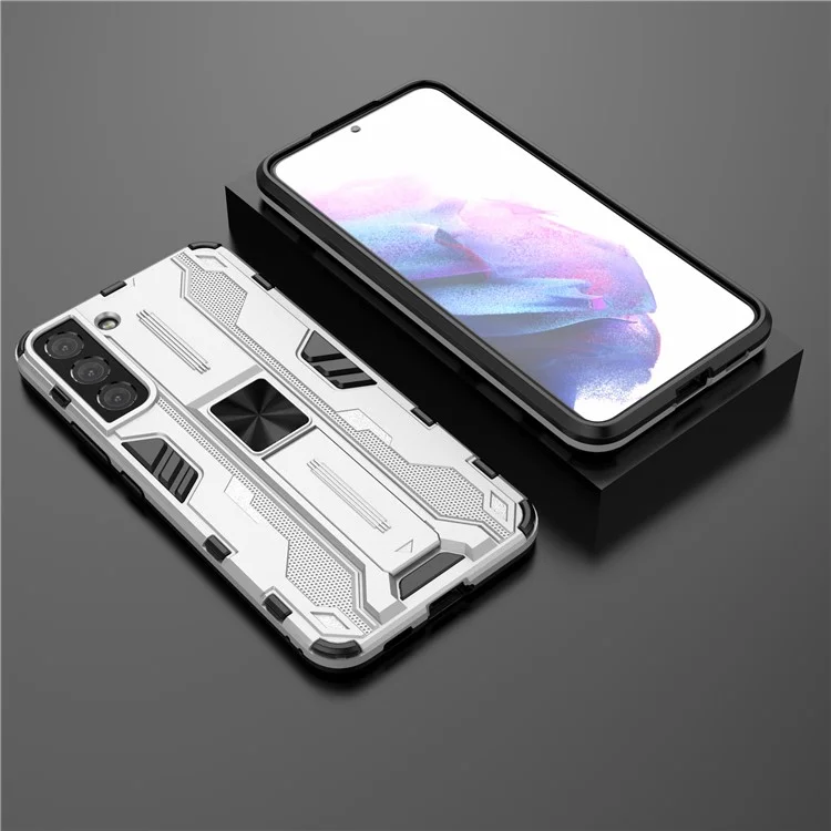 Funda Protectora Híbrida de PC Resistente a los Golpes y TPU Suave con Soporte para Samsung Galaxy S22 5G - Plateado
