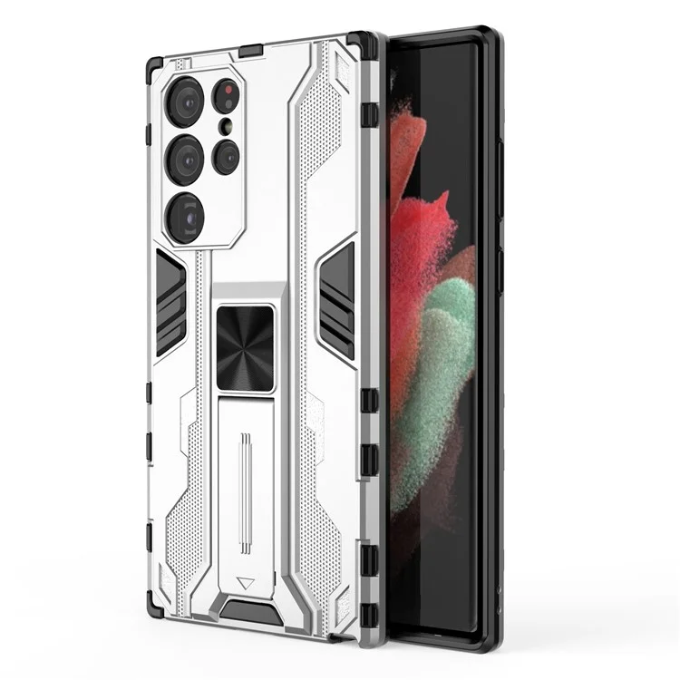 Hard PC Anti-Fingerprint Hard PC + Soft TPU Shockper Phone Cope с Kickstand Для Samsung Galaxy S22 Ultra 5G - Серебряный
