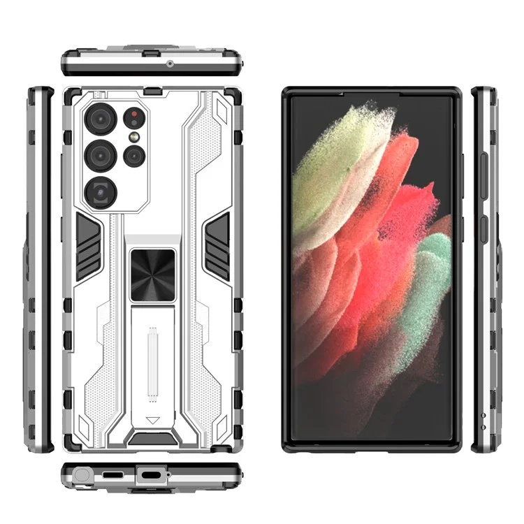 Hard PC Anti-Fingerprint Hard PC + Soft TPU Shockper Phone Cope с Kickstand Для Samsung Galaxy S22 Ultra 5G - Серебряный