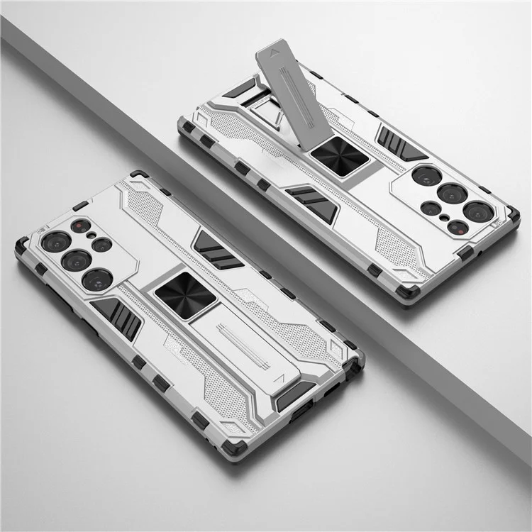 Hard PC Anti-Fingerprint Hard PC + Soft TPU Shockper Phone Cope с Kickstand Для Samsung Galaxy S22 Ultra 5G - Серебряный