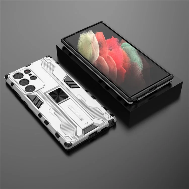Hard PC Anti-Fingerprint Hard PC + Soft TPU Shockper Phone Cope с Kickstand Для Samsung Galaxy S22 Ultra 5G - Серебряный
