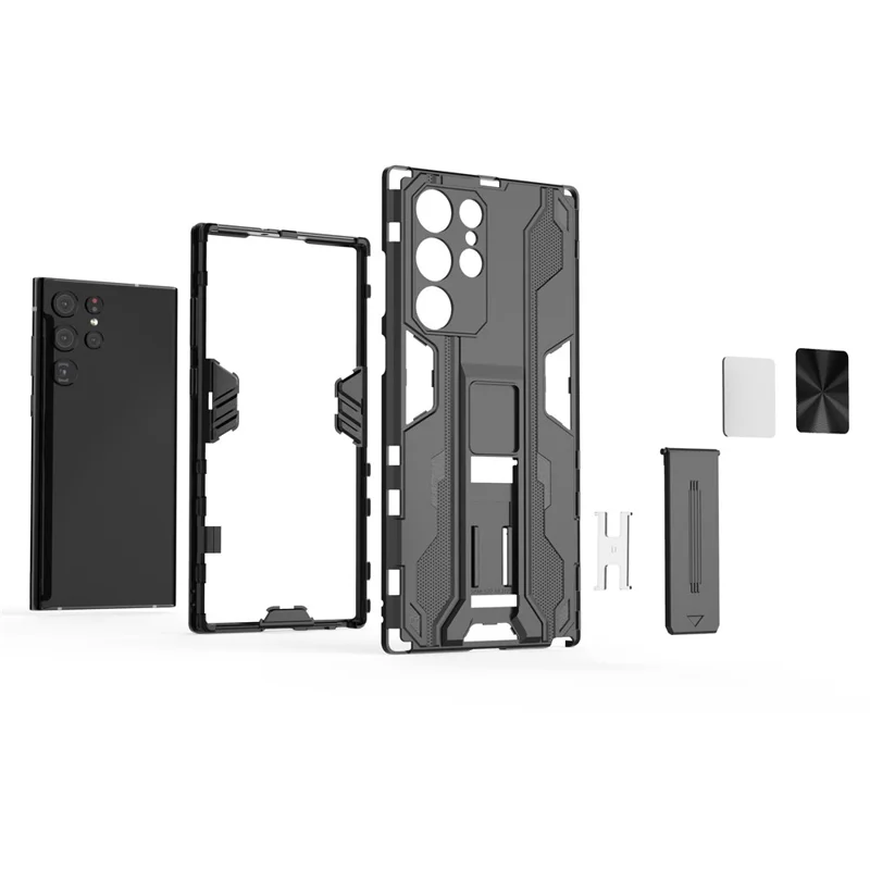 Anti-Fingerprint Hard PC + Soft TPU Shockproof Phone Cover with Kickstand for Samsung Galaxy S22 Ultra 5G - Black