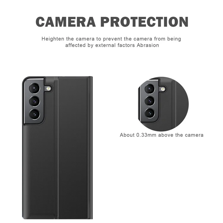 Для Samsung Galaxy S22 5G Stand Folio Flip Cover PU Leather Auto-absorbed Phone Case with View Window - Черный