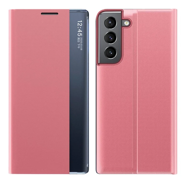 For Samsung Galaxy S22+ 5G View Window Anti-Fall Case PU Leather Auto-Absorbed Stand Phone Cover - Pink