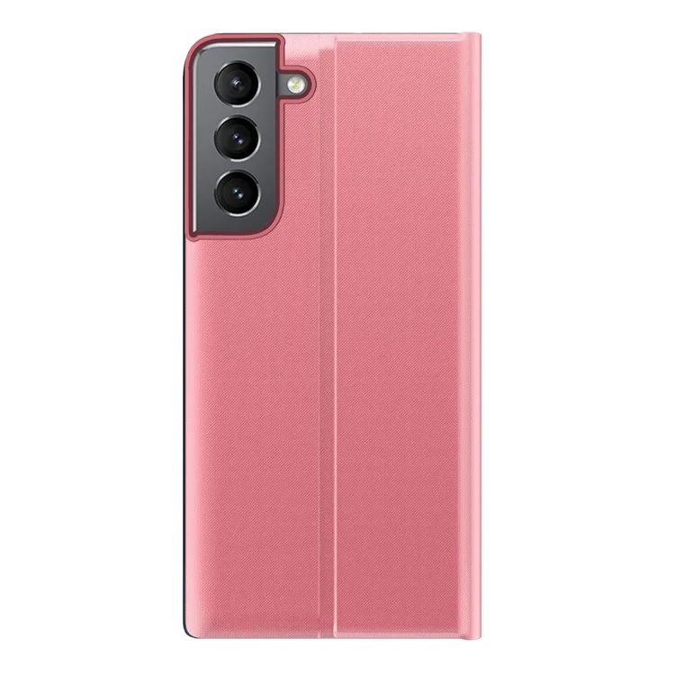 For Samsung Galaxy S22+ 5G View Window Anti-Fall Case PU Leather Auto-Absorbed Stand Phone Cover - Pink