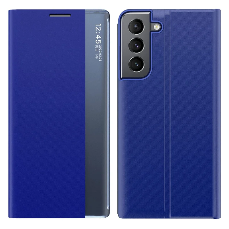 For Samsung Galaxy S22+ 5G View Window Anti-Fall Case PU Leather Auto-Absorbed Stand Phone Cover - Blue