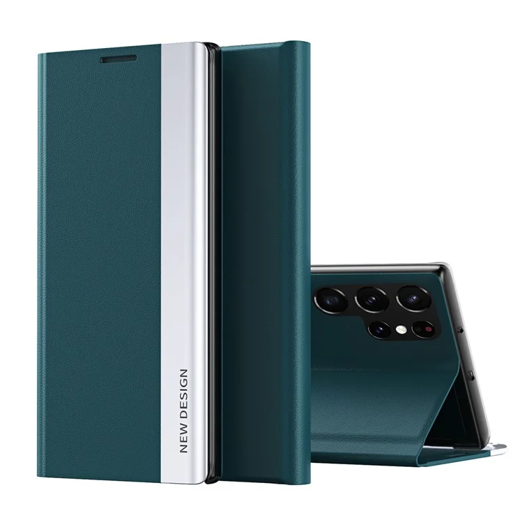 Light Slim Anti-drop PU Leather Phone Cover with Stand for Samsung Galaxy S22 Ultra 5G - Green