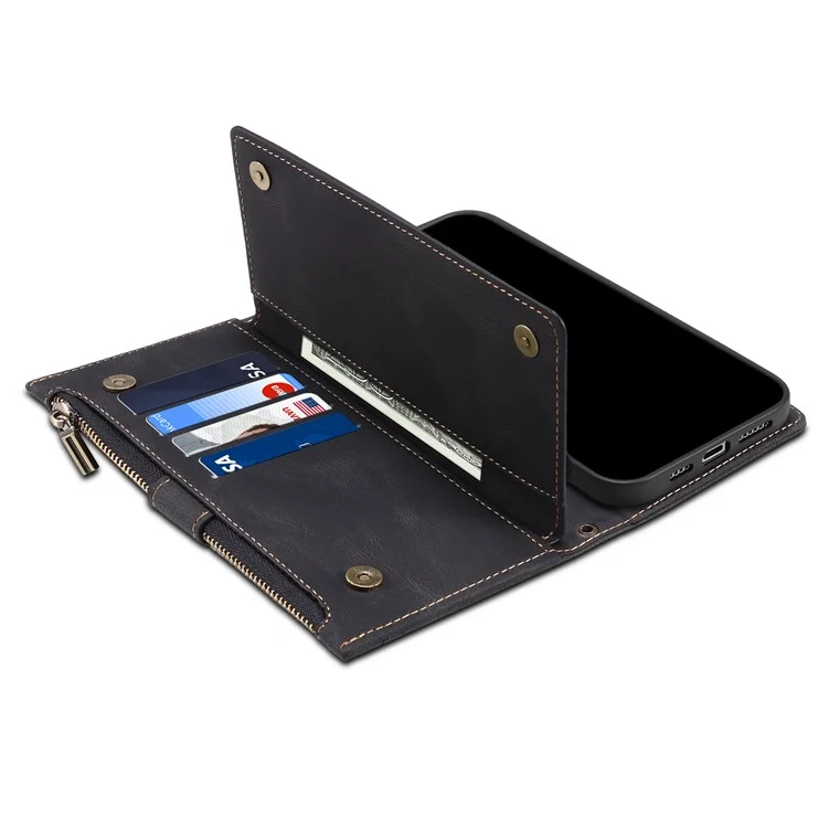 Kratzfeste Wallet Design Telefon Flip Case Drop-proof Zip-Tasche Telefonhülle mit Ständer für Samsung Galaxy S22 Ultra 5G - Schwarz