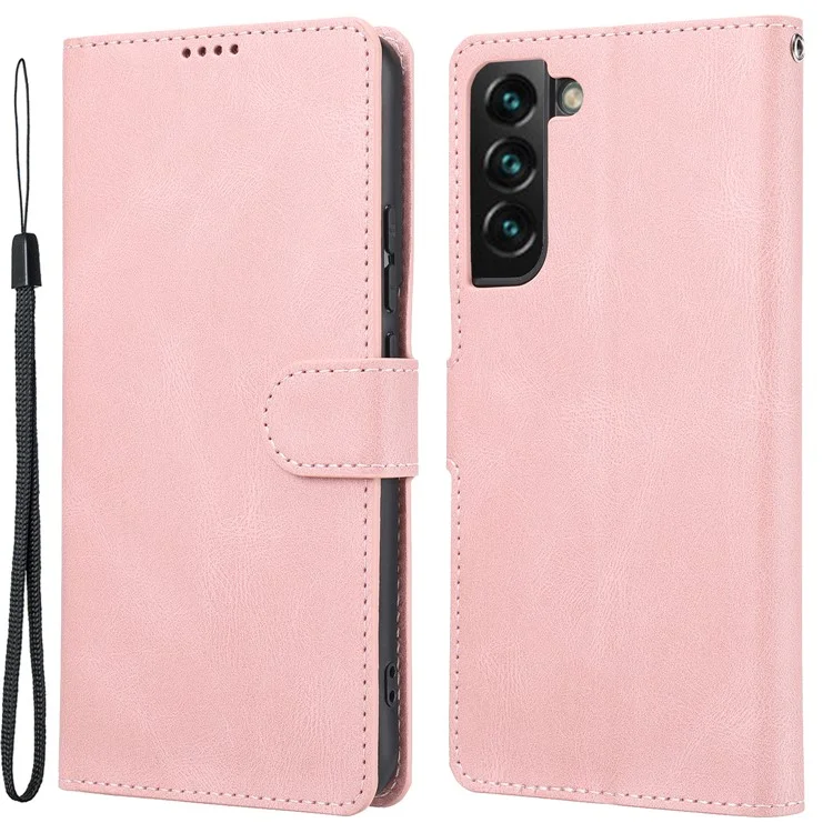 Classic Style Wallet Stand Full Protection Leather Phone Cover Case with Strap for Samsung Galaxy S22 5G - Pink