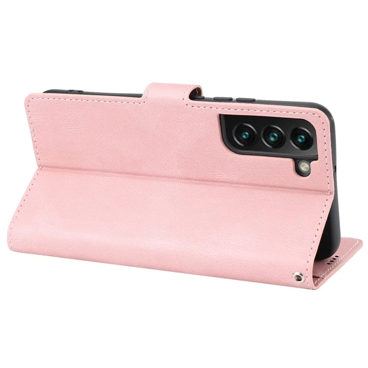 Classic Style Wallet Stand Full Protection Leather Phone Cover Case with Strap for Samsung Galaxy S22 5G - Pink