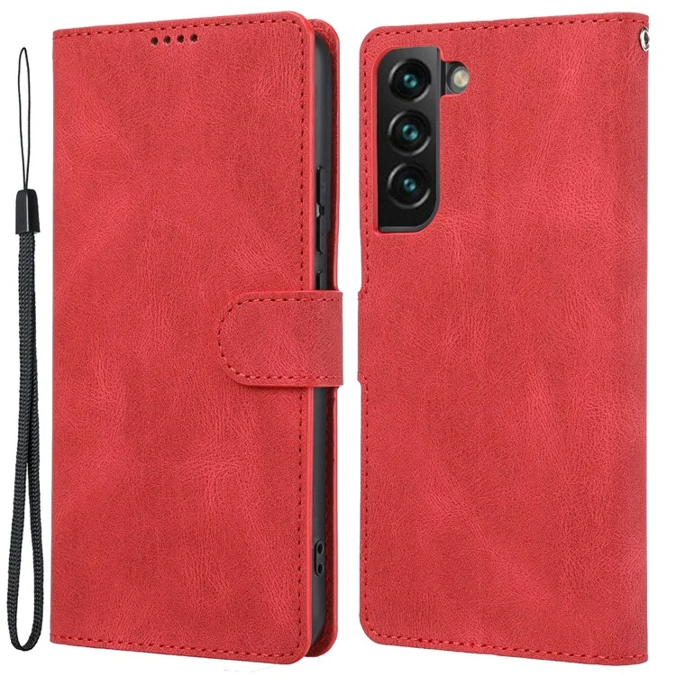Classic Style Leather Case Magnetic Clasp Wallet Stand Phone Case with Strap for Samsung Galaxy S22+ 5G - Red