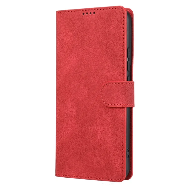 Classic Style Leather Case Magnetic Clasp Wallet Stand Phone Case with Strap for Samsung Galaxy S22+ 5G - Red