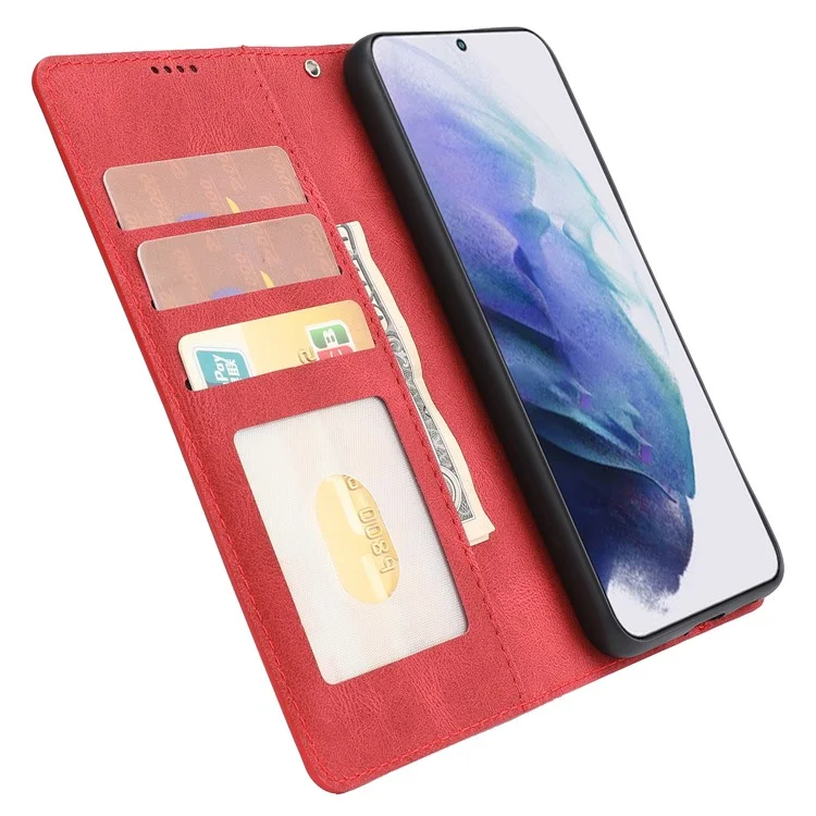Classic Style Leather Case Magnetic Clasp Wallet Stand Phone Case with Strap for Samsung Galaxy S22+ 5G - Red