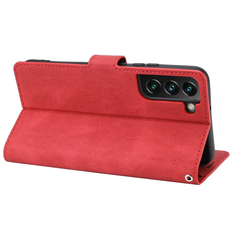 Classic Style Leather Case Magnetic Clasp Wallet Stand Phone Case with Strap for Samsung Galaxy S22+ 5G - Red
