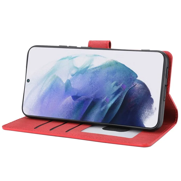 Classic Style Leather Case Magnetic Clasp Wallet Stand Phone Case with Strap for Samsung Galaxy S22+ 5G - Red