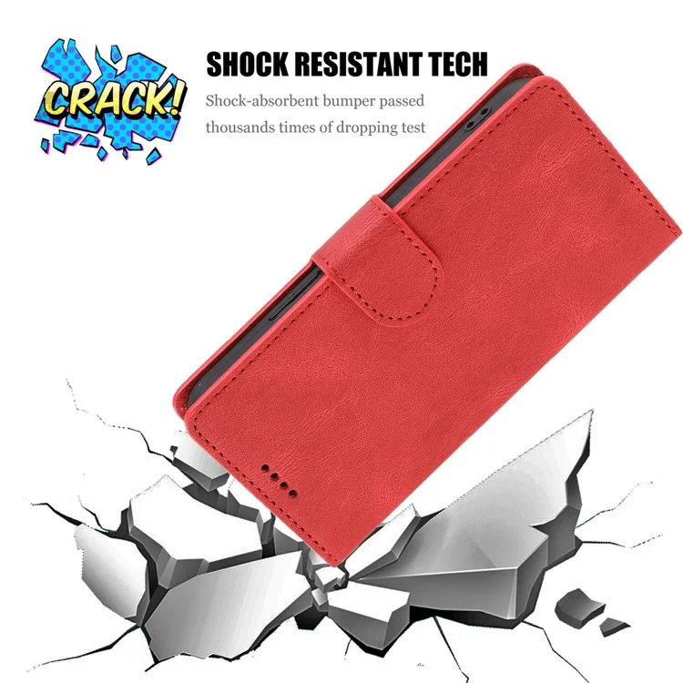 Classic Style Leather Case Magnetic Clasp Wallet Stand Phone Case with Strap for Samsung Galaxy S22+ 5G - Red