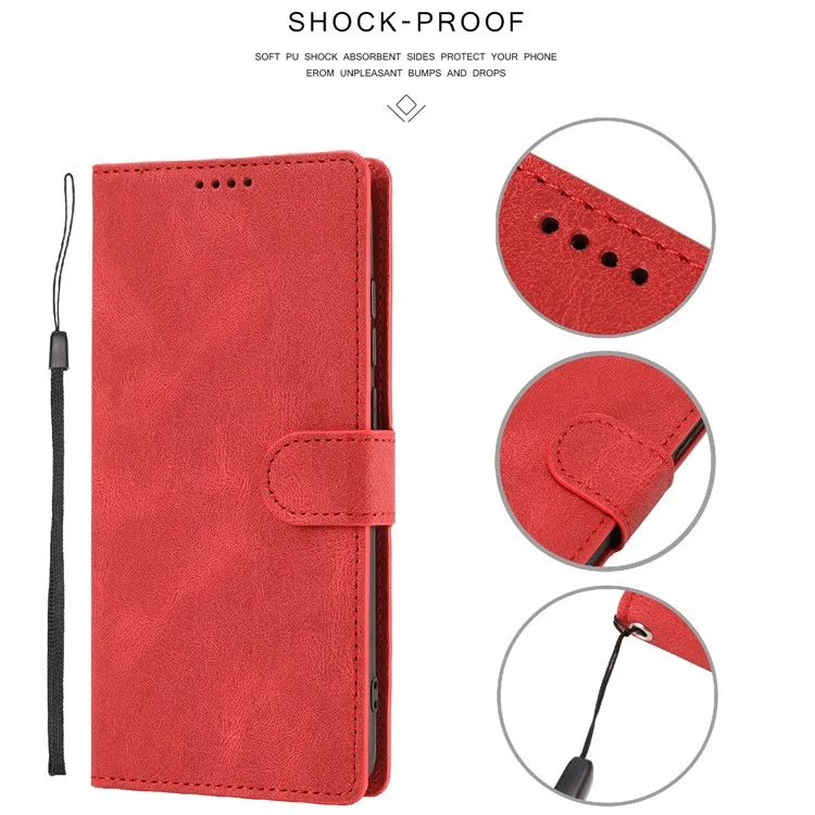 Classic Style Leather Case Magnetic Clasp Wallet Stand Phone Case with Strap for Samsung Galaxy S22+ 5G - Red