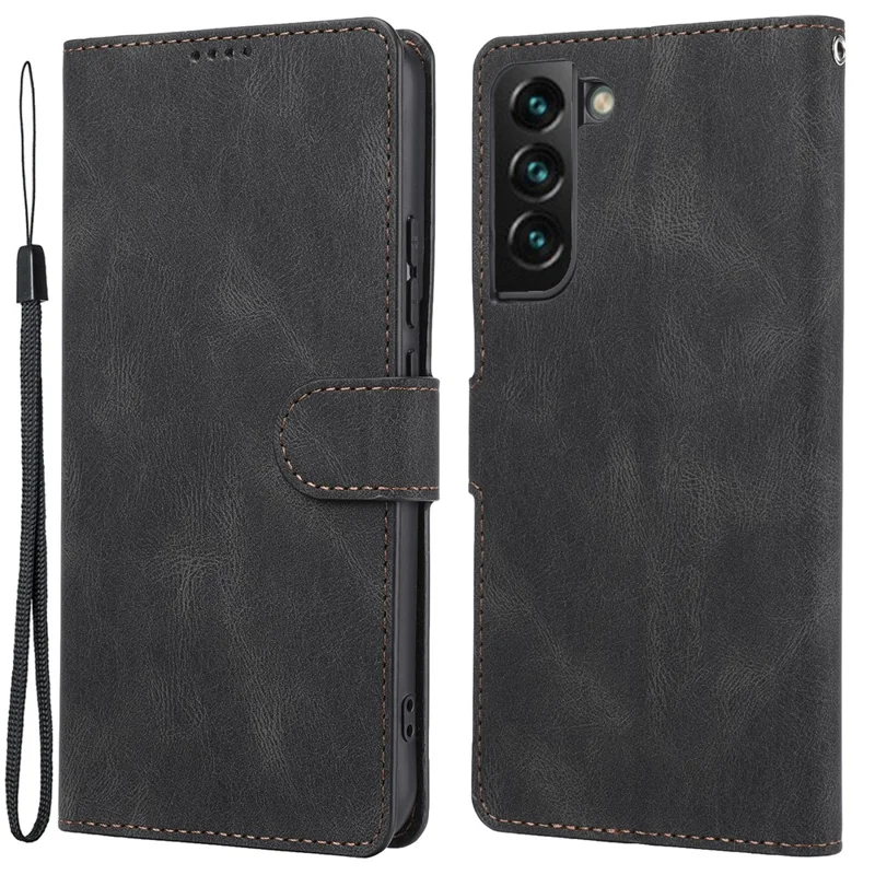 Classic Style Leather Case Magnetic Clasp Wallet Stand Phone Case with Strap for Samsung Galaxy S22+ 5G - Black