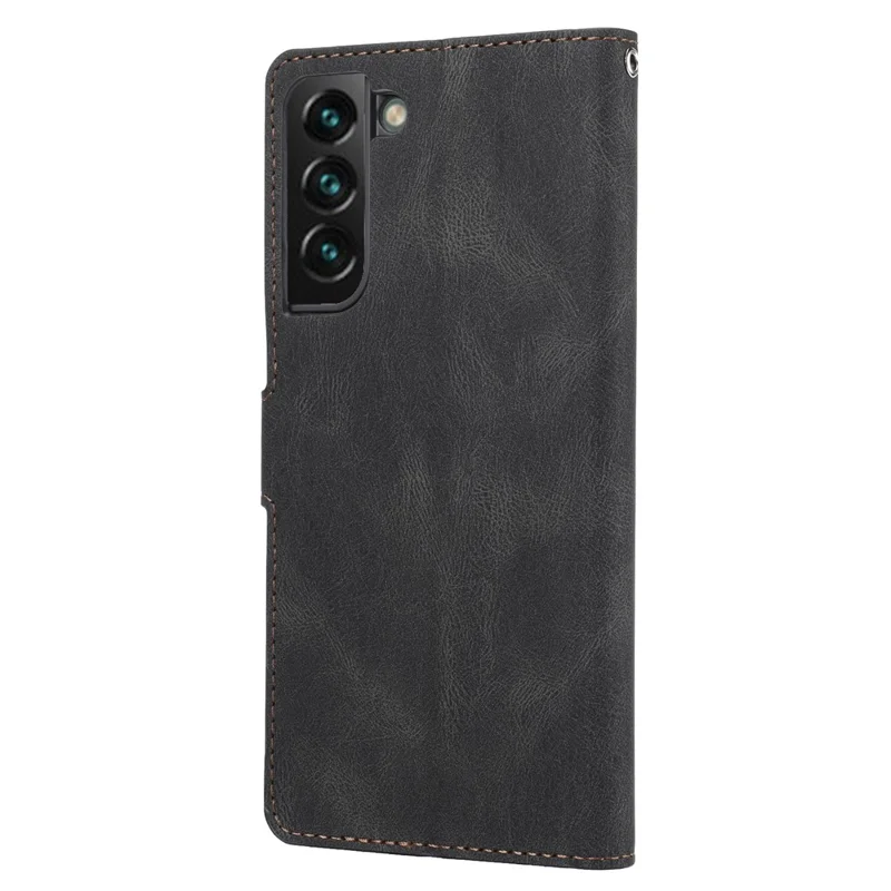 Classic Style Leather Case Magnetic Clasp Wallet Stand Phone Case with Strap for Samsung Galaxy S22+ 5G - Black