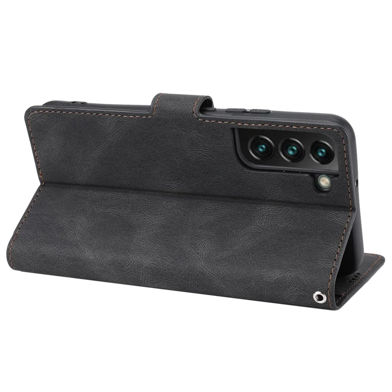 Classic Style Leather Case Magnetic Clasp Wallet Stand Phone Case with Strap for Samsung Galaxy S22+ 5G - Black