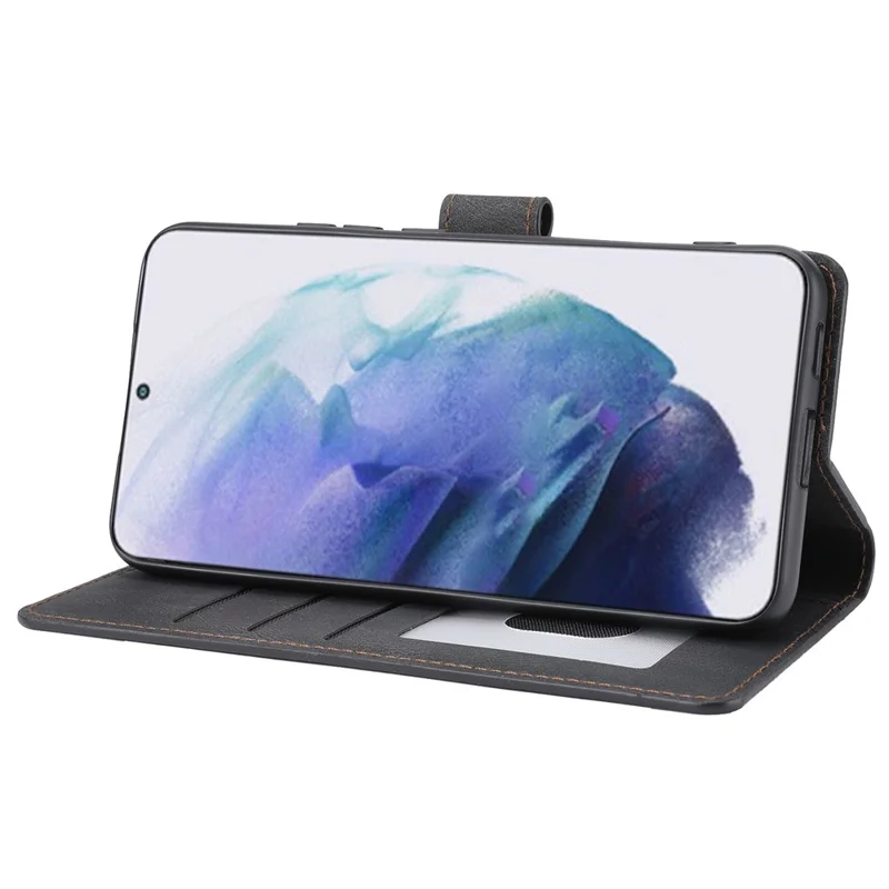 Classic Style Leather Case Magnetic Clasp Wallet Stand Phone Case with Strap for Samsung Galaxy S22+ 5G - Black