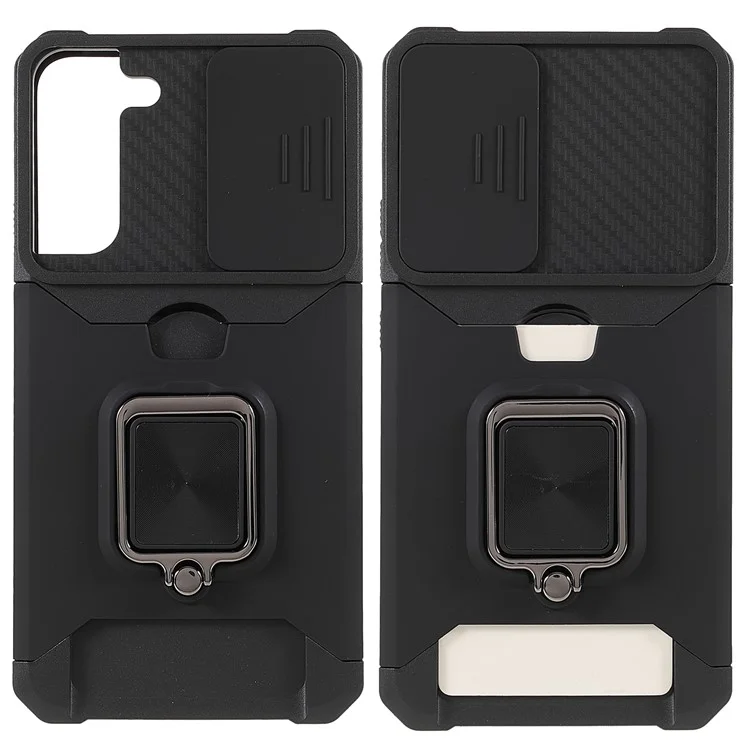 PC + Funda de teléfono TPU 2 en 1 Diseño Soporte para tarjetas y Slider de cámara con placa metálica magnética incorporada + Soporte para Samsung Galaxy S22+ 5G - Negro