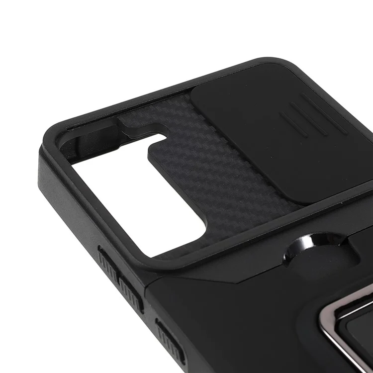 PC + Funda de teléfono TPU 2 en 1 Diseño Soporte para tarjetas y Slider de cámara con placa metálica magnética incorporada + Soporte para Samsung Galaxy S22+ 5G - Negro