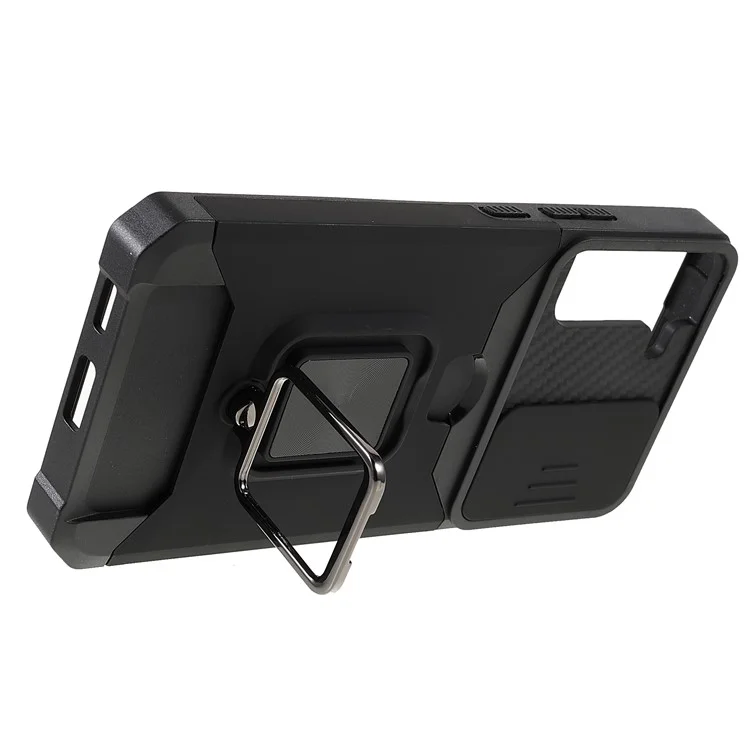 PC + Funda de teléfono TPU 2 en 1 Diseño Soporte para tarjetas y Slider de cámara con placa metálica magnética incorporada + Soporte para Samsung Galaxy S22+ 5G - Negro