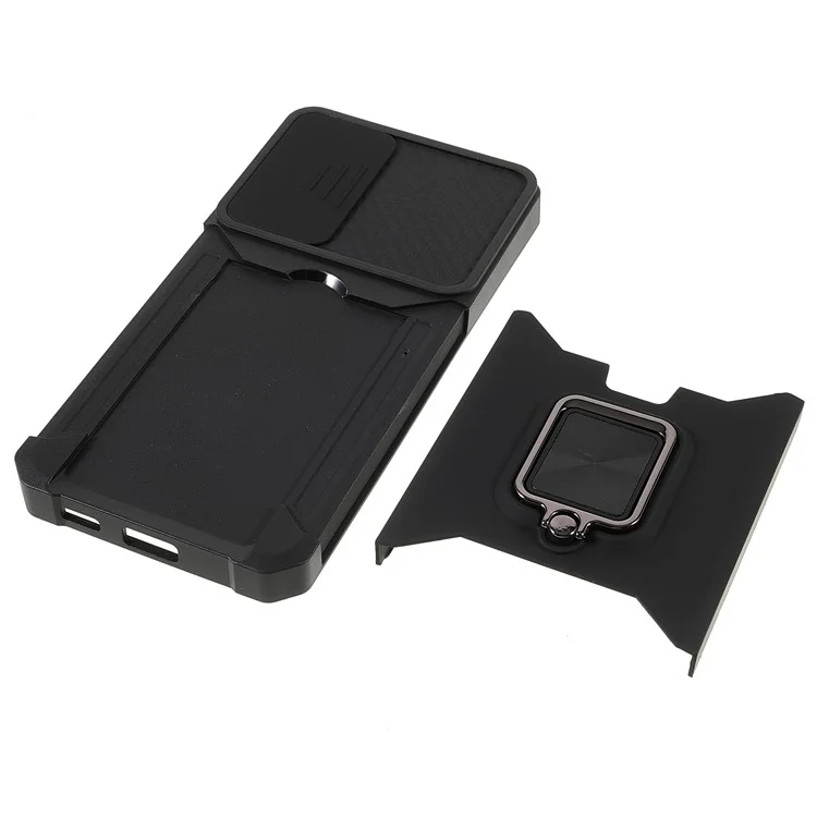 PC + Funda de teléfono TPU 2 en 1 Diseño Soporte para tarjetas y Slider de cámara con placa metálica magnética incorporada + Soporte para Samsung Galaxy S22+ 5G - Negro