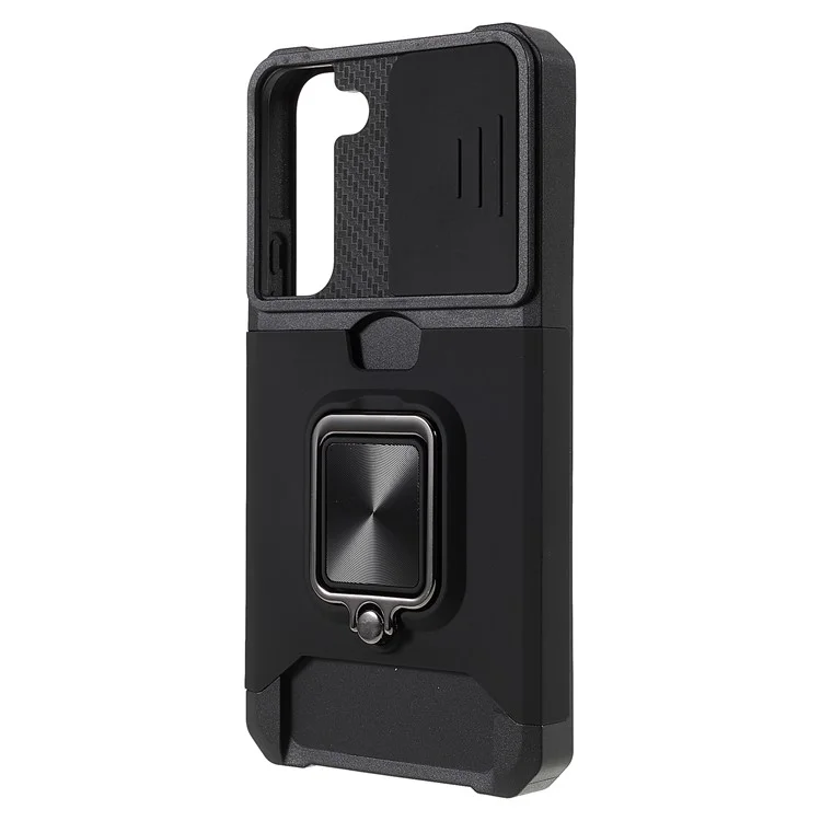 PC + TPU Phone Case with Card Holder and Kickstand + Built-in Magnetic Metal Plate + Camera Slider Drop-Resistant Phone Cover for Samsung Galaxy S22 5G - Black