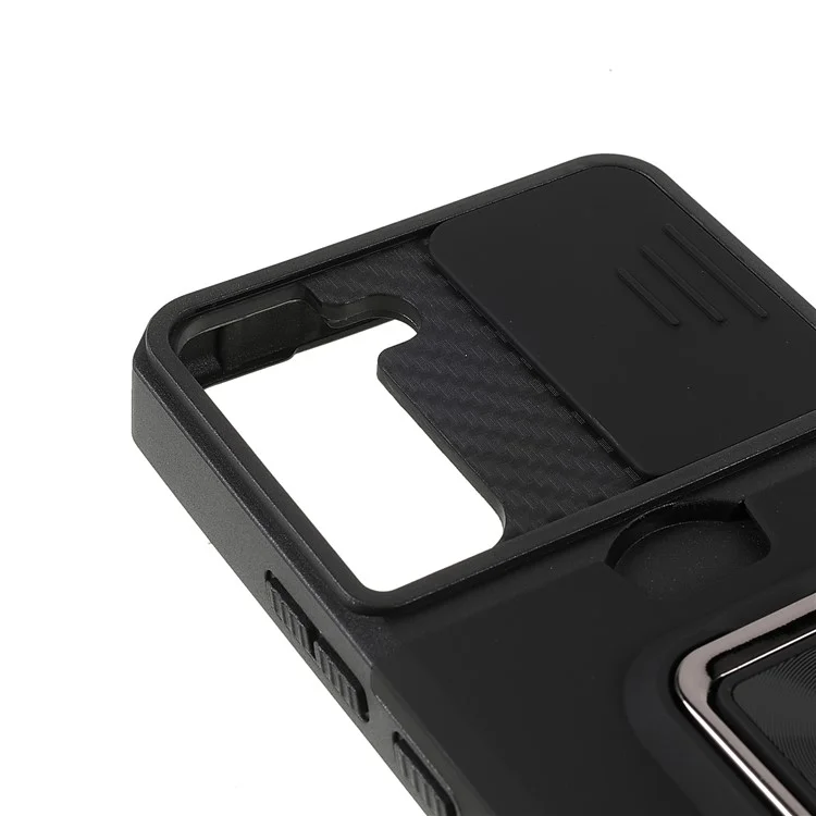 PC + TPU Phone Case with Card Holder and Kickstand + Built-in Magnetic Metal Plate + Camera Slider Drop-Resistant Phone Cover for Samsung Galaxy S22 5G - Black
