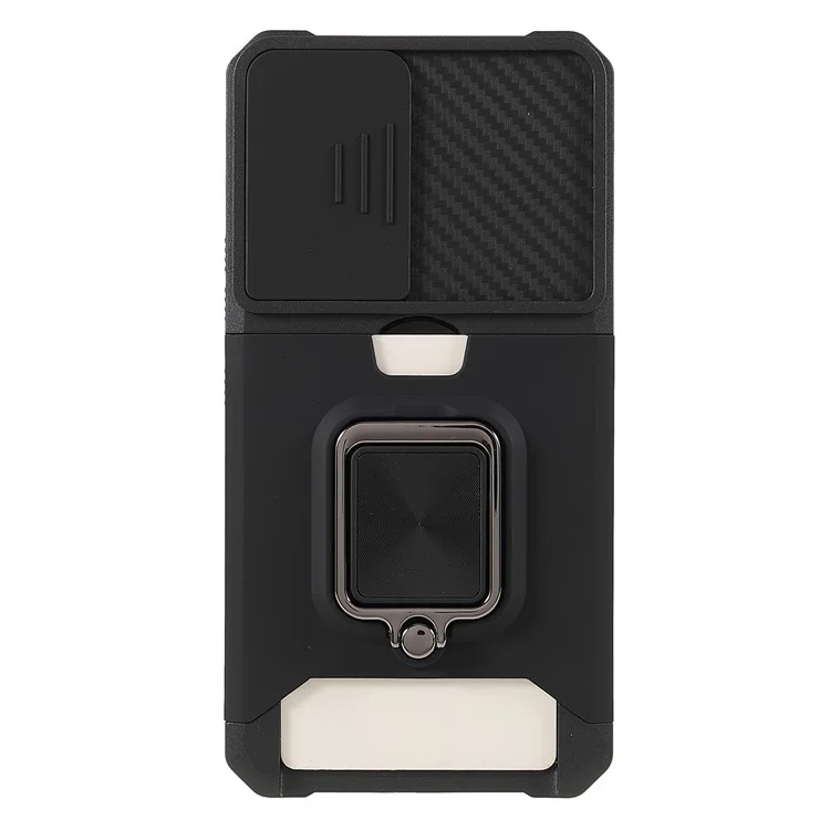 PC + TPU Phone Case with Card Holder and Kickstand + Built-in Magnetic Metal Plate + Camera Slider Drop-Resistant Phone Cover for Samsung Galaxy S22 5G - Black