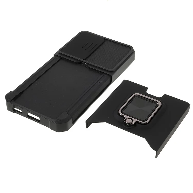 PC + TPU Phone Case with Card Holder and Kickstand + Built-in Magnetic Metal Plate + Camera Slider Drop-Resistant Phone Cover for Samsung Galaxy S22 5G - Black