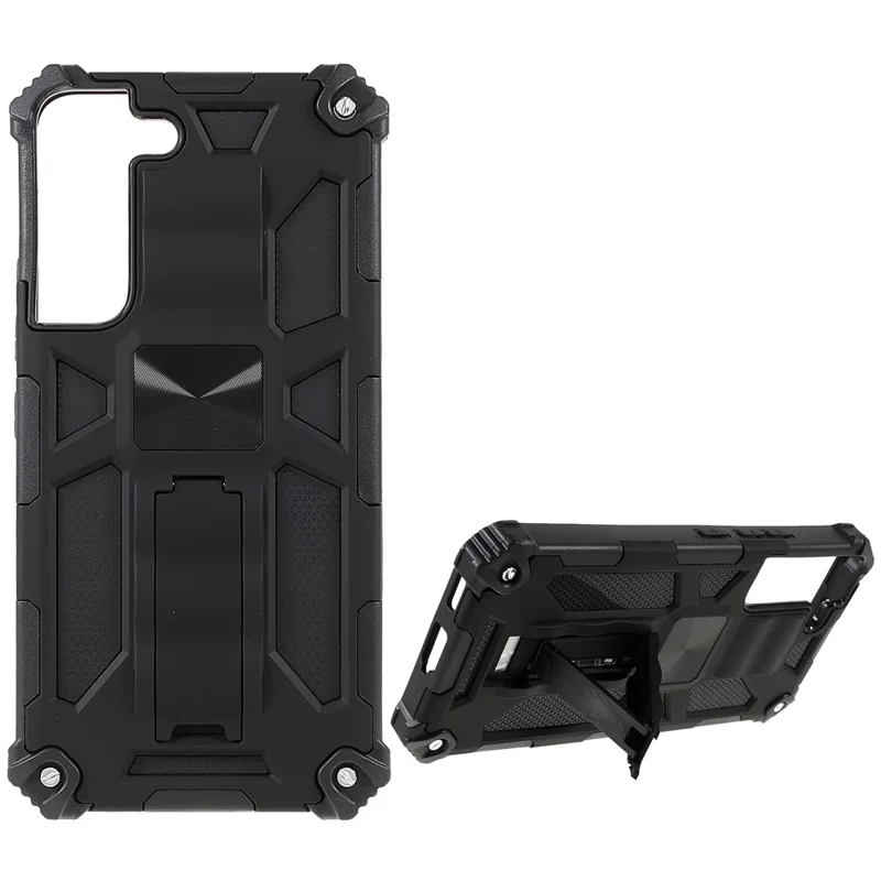 Car Mount Kickstand Dual Layer Shock-Absorption PC+TPU Armor Protective Phone Case for Samsung Galaxy S22 5G 5G - Black