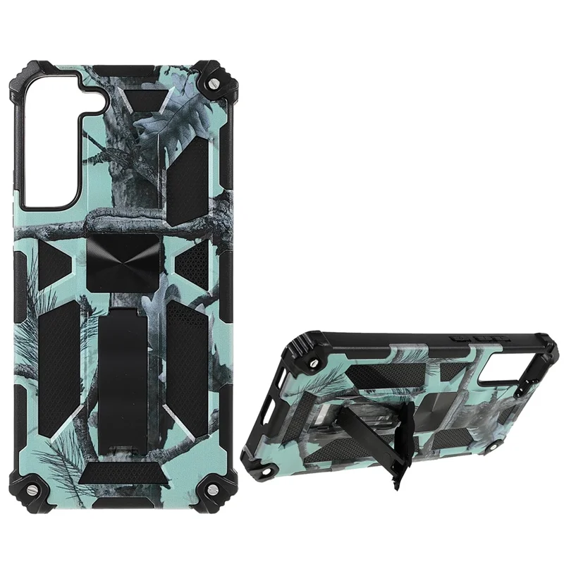 Military Grade Armor Hybrid PC+TPU Shockproof Camouflage Cover with Kickstand for Samsung Galaxy S22+ 5G - Mint Green