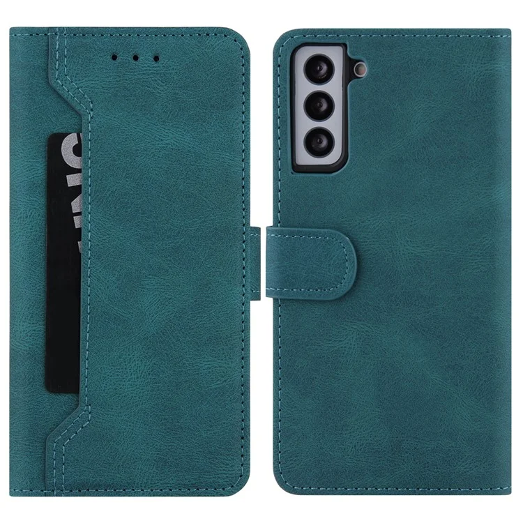 Stitching Design PU Leather+TPU Cover Magnetic Clasp Stand Wallet Phone Case for Samsung Galaxy S22 5G - Green
