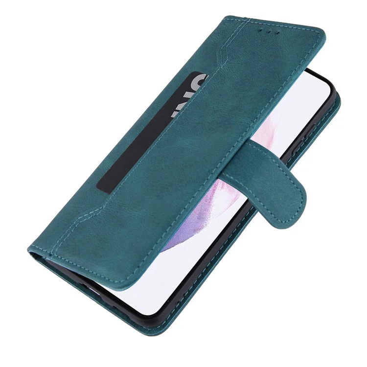Stitching Design PU Leather+TPU Cover Magnetic Clasp Stand Wallet Phone Case for Samsung Galaxy S22 5G - Green
