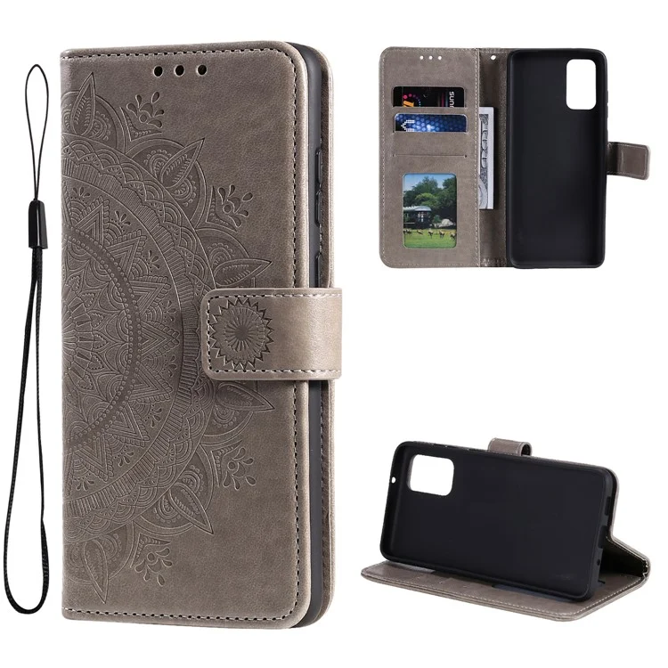 Para Samsung Galaxy A33 5G Imprinted Mandala Flower PU Leather Phone Case Wallet Stand Design Flip Cover with Strap - Grey
