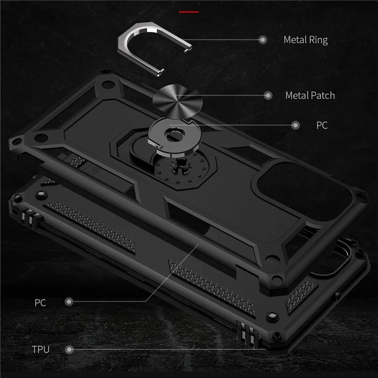 Titular De Anel Kickstand Resistente A Riscos Anti-cair Capa De Telefone PC + TPU Caso Híbrido Com Folha De Metal Embutida Para Samsung Galaxy M52 5G - Preto