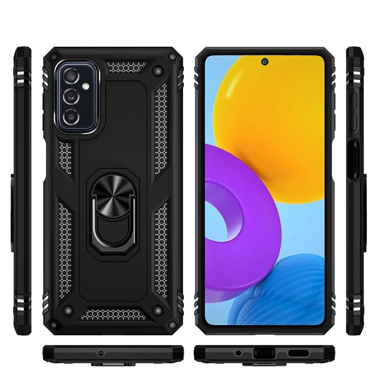 Ring Holder Kickstand Scratch-resistant Anti-drop Phone Cover PC + TPU Hybrid Case with Built-in Metal Sheet for Samsung Galaxy M52 5G - Black