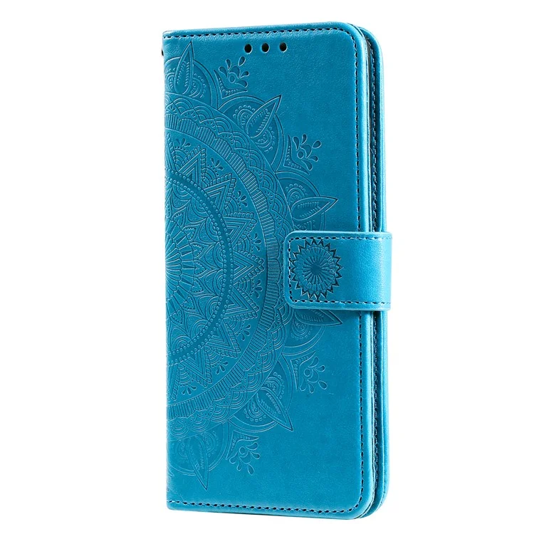 For Samsung Galaxy A13 4G Shockproof Wallet Stand Design Imprinted Mandala Flower PU Leather Phone Flip Cover Case  - Blue