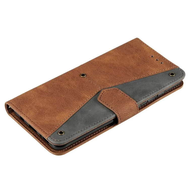 Stitching Surface Splicing Style PU Leather and TPU Phone Flip Case Skin-touch Stand Wallet Phone Protective Cover for Samsung Galaxy A33 5G - Brown