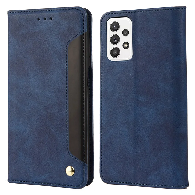 Anti-fingerprint Phone Stand Cover Shockproof Wallet Phone Case Splicing Leather Shell for Samsung Galaxy A33 - Blue
